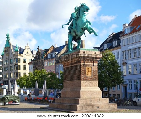COPENHAGEN, DENMARK - AUGUST 22, 2014: Statue of Bishop Absalon on the Hojbro Plads. The statue was raised in 1902 - and created by sculptor Vilhelm Bissen in bronze.