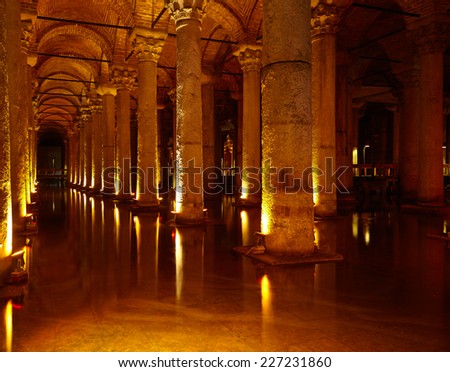 ISTANBUL, TURKEY - JULY 16, 2014: Yerebatan Saray - Basilica Cistern in Istanbul, Turkey. Yerebatan Saray is one of favorite tourist attraction in Istanbul.