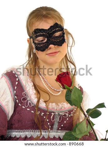 Young lady with red rose in the italian Renaissance dress. So cold Juliet Dress of the 15th century. Isolated image