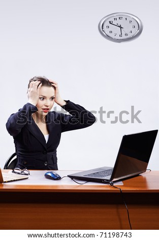 Office Portrait Of Beautiful Shocked Business Woman Sitting At Her ...