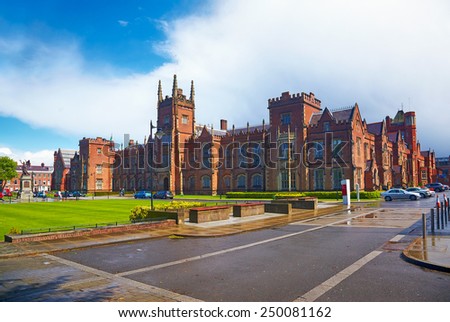 BELFAST, NORTHERN IRELAND - MAY 9, 2009: View at the Queen\'s University of Belfast in rainy day. University of Belfast is main higher education institution in Northern Ireland