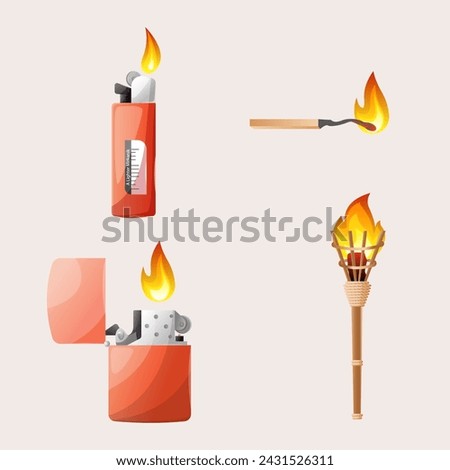 Set of fire, lighter, torch and match. gas lighter with a burning flame