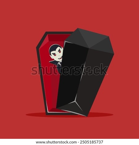 Flat illustration happy halloween, dracula's coffin with dracula character