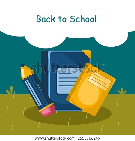 Bright and engaging vector illustration themed 'Back to School,' featuring school supplies, books, backpacks, and educational icons. Perfect for promotional materials, classroom decorations, and acade