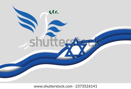 linear silhouette dove with a olive branch in the colors of the Israeli flag. Pigeon Dove Birds in shape of israel flag blue and white in the struggle for peace over waves. Support Israel