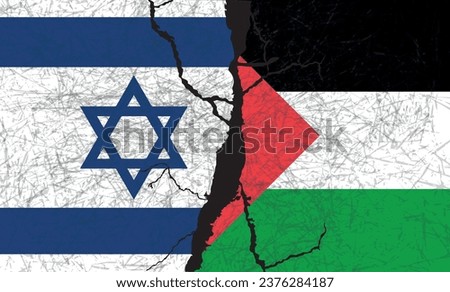 Crack in Israeli Flag and Palestinian national Flags. National Flags of Palestine and Israel painted on cracked wall with scratches. Israel-Palestine conflict. Israel Hamas War conflict