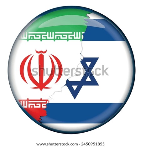 Israel Iran Crack 3D Rounded Flag buttons. Button in shape of Israeli official state flag and Iranian Three-Coloured national flag. vector illustration