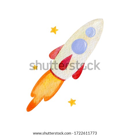 Watercolor painting of flying rocket isolated on white background. Cute spaceship in children style. Hand drawn illustration. Space shuttle and stars