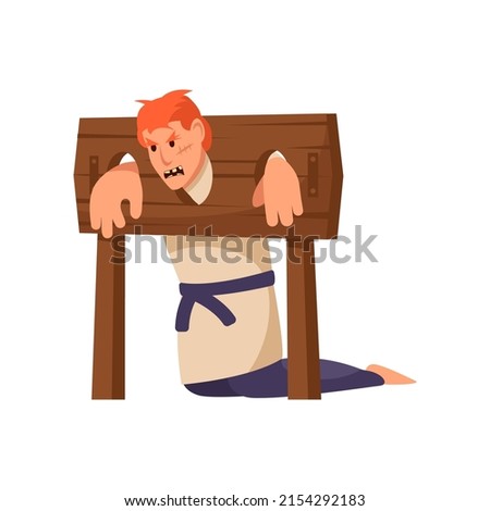 Man in Wooden block for punishment in the Middle Ages. Vector illustration. Stockfoto © 