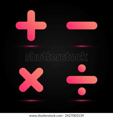 Red glowing neon color mathematical symbols on a black background. Bright symbols of addition, subtraction, multiplication and division.