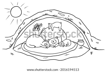 Hibernating brown bears in the den. Sleeping grizzly family lying on a carpet in their house. Interior design of a lair. Coloring book page. Black and white funny cartoon illustration. Photo stock © 