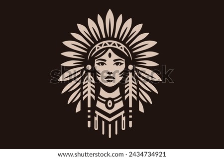 beautiful indian north american woman. Ethnic style, feathers on the head. native american girl. Logo, emblem, icon, isolated object, cut out