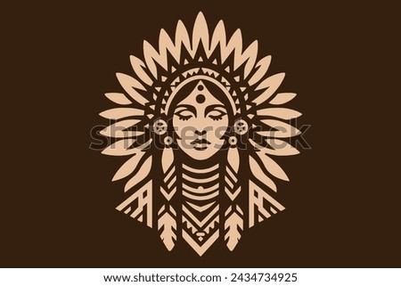 beautiful indian north american woman. Ethnic style, feathers on the head. native american girl. Logo, emblem, icon, isolated object, cut out