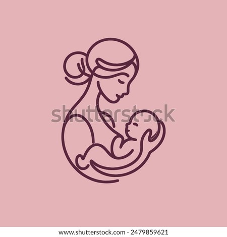 Mom and baby. One line art. simple vector outline illustration. Logo, emblem, print, hand drawn. Pink color	