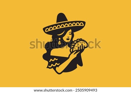 Beautiful young Mexican woman with tacos. Mexican food logo, retro emblem. Vector illustration, isolated object, icon. Yellow and black	