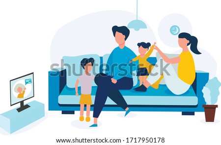 The family communicate via Skype with their grandmother. Grandma and grandkids talk online. A conversation on the Internet. Dad, mom, Daughter and son are sitting on the couch. Technologies.Vector.