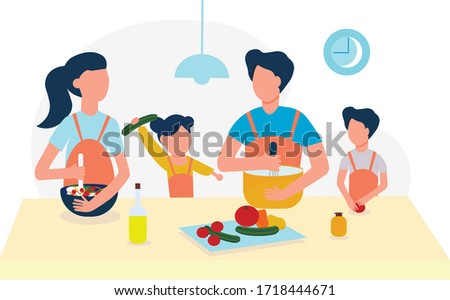 The family together in the kitchen are engaged in cooking. Cooking with the whole family. Parents with children are engaged in the same business.Cooks in the kitchen. Vector illustration in flat style