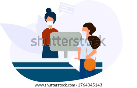 Customer service in the office. Staff. People with face masks in the room. Vector illustration in flat style .