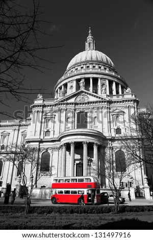 St. Paul\'s Cathedral with  red double-decker in London, England