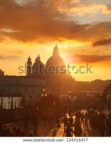 Venice with  basilica of santa maria della salute against sunset  in Italy