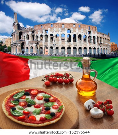 Colosseum in Rome with traditional pizza in Italy