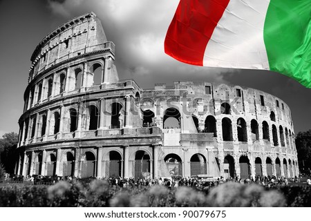 Colosseum with flag of Italy, Rome