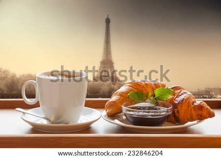 Coffee with croissants against Eiffel Tower in Paris, France
