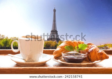 Coffee and croissants against Eiffel Tower in Paris, France