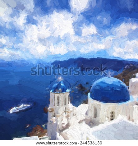 Famous Fira town in Santorini island, Greece, ART STYLE, Oil painting
