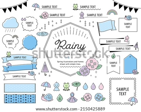 Rainy season illustrations and frames drawn with simple lines. Rain, Hydrangea, Plants, Nature, etc. 