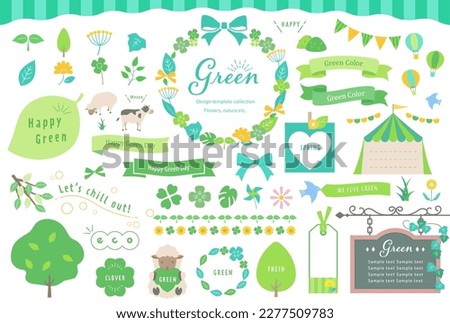 Green Illustrations and Decorations.This collection includes  leaves, icon,nature, ornament,doodles, ribbons and more.