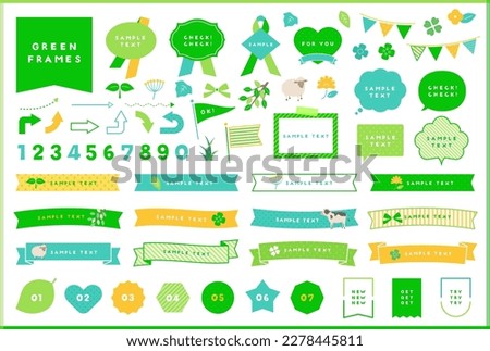 Cute green illustration, frame and ribbon design set. This collection includes speech balloon, doodles, arrows, leaves, flowers, plants and more.