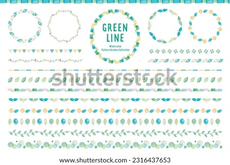 Line set of green watercolor illustrations. Pattern brush available.Good for design materials such as frames, decorative borders, backgrounds, etc.