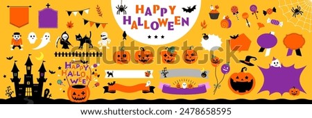 Happy Halloween Illustration and Ornament Set with Text frames, Borders and Other Decorations, No text ver. Open path available. Editable.