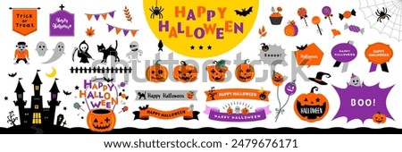 Happy Halloween Illustration and Ornament Set with Text Frames, Borders, and Other Decorations on White Background. Open Path Available. Editable.