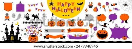 Happy Halloween Illustration and Ornament Set with Text Frames, Borders, and Other Decorations on White Background. No Sample Text Included. Open Path Available. Editable.