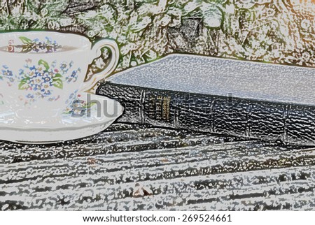 A colored pencil illustration of a cup of tea and a leather Bible. Outdoor setting on a slatted wooden bench. Peaceful, spiritual devotion time.