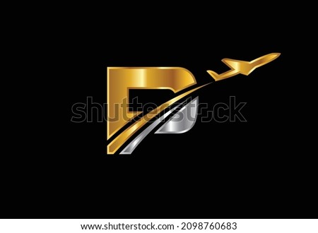 Initial letter P with airplane Logo Design. Airline, airplane, aviation, travel logo template.