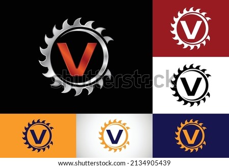 Initial V monogram alphabet with the saw blade. Carpentry, woodworking logo design. Font emblem. Modern vector logo for sawmill business and company identity