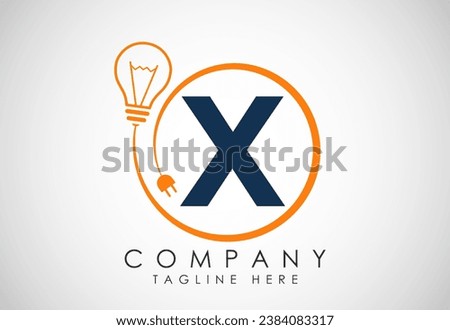 English alphabet X in a circle with electric bulb and plug. Electricity, industrial and technology logo