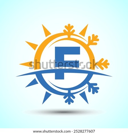 Initial alphabet F with abstract sun and snow. Air conditioner logo sign, Hot and cold symbol