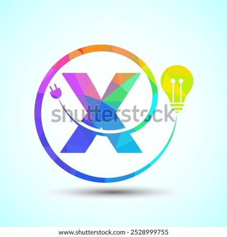 English alphabet X with electric bulb and plug. Low poly style electricity and technology logo