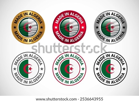 Made in Algeria label icon with flag. Icon set for business, badge, seal, sticker, logo, and symbol