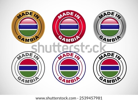 Made in Gambia label icon with flag. Icon set for business, badge, seal, sticker, logo, and symbol