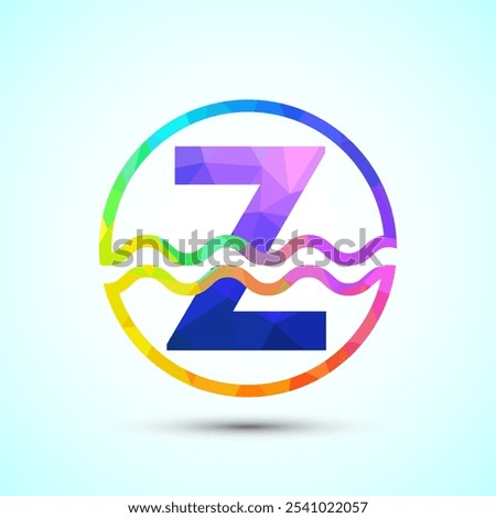 English alphabet Z in a circle with water waves. Water wave logo design low poly style