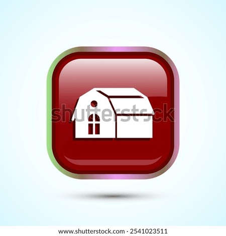 Farming Barn Icon Design Illustration, Farm and Agriculture Barn Sign, Red Color Square Button Design