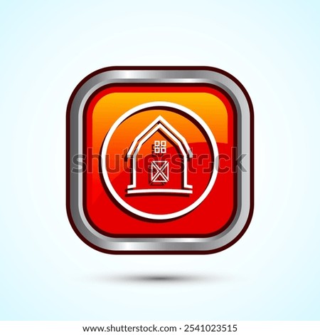 Farming Barn Icon Design Illustration, Farm and Agriculture Barn Sign, Orange Color Square Button Design