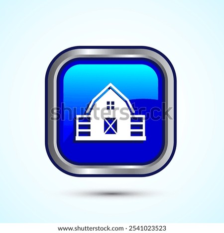 Farming Barn Icon Design Illustration, Farm and Agriculture Barn Sign, Blue Color Square Button Design