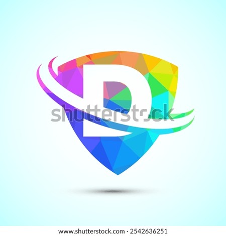 English alphabet D with shield and swoosh. Creative modern logo design low poly style