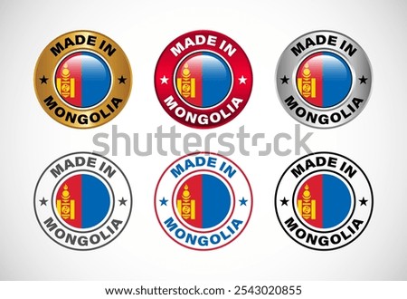 Made in Mongolia label icon with flag. Icon set for business, badge, seal, sticker, logo, and symbol